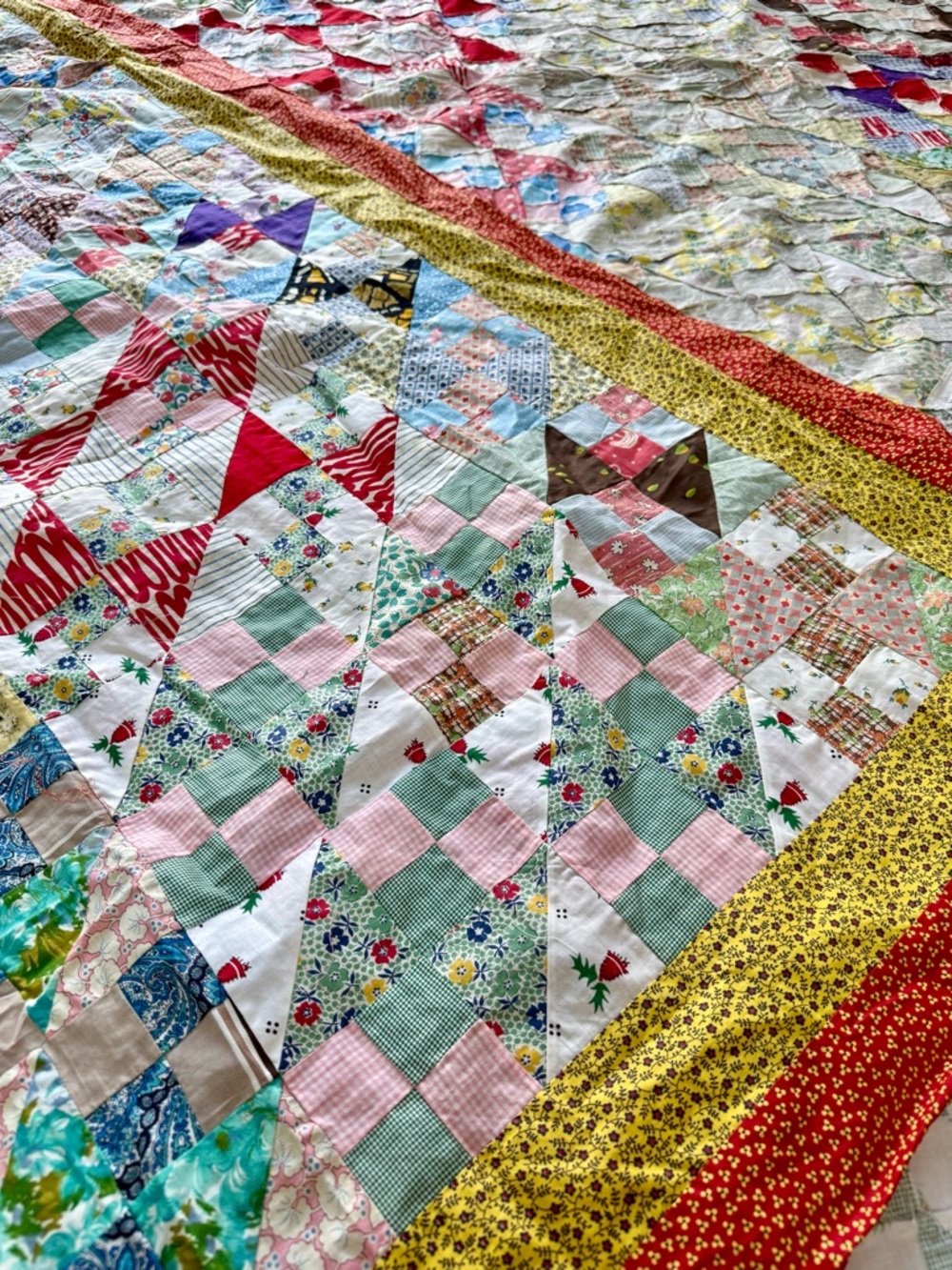 Very Large Colorful Vintage Homemade Hand Stitched Patchwork Quilt Top 106x93 - Picture 5 of 12